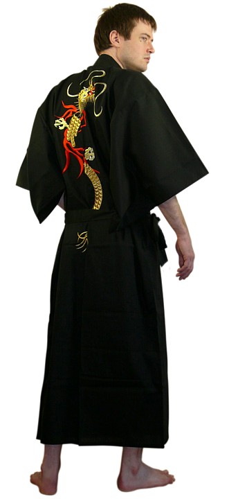 Японский халат-  кимоно с вышивкой Огненной Дракон, хлопок 100%