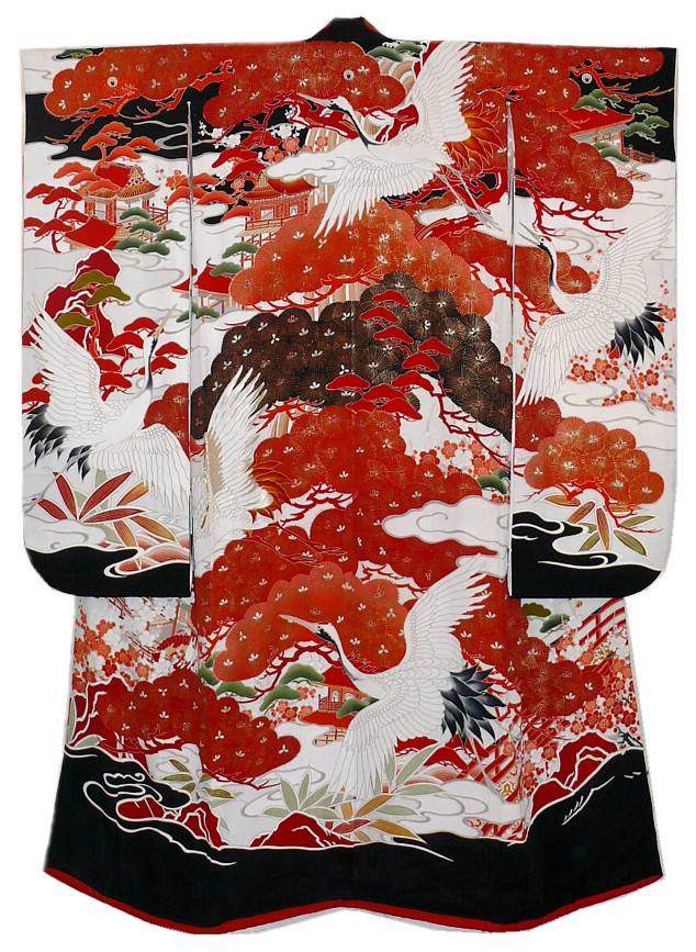старинное японское кимоно с авторским рисунком и вышивкой