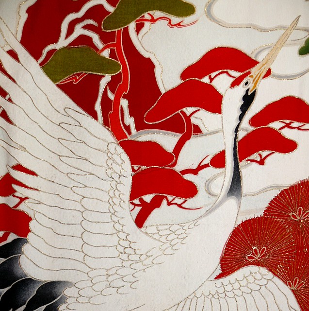 роспись на шелковом антикварном японском кимоно