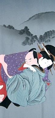 японское старинное шелковое мужское кимоно с эротическим рисунком 