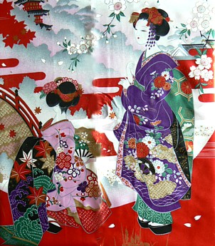 девушки в кимоно - рисунок на японском кимоно АСАКУСА