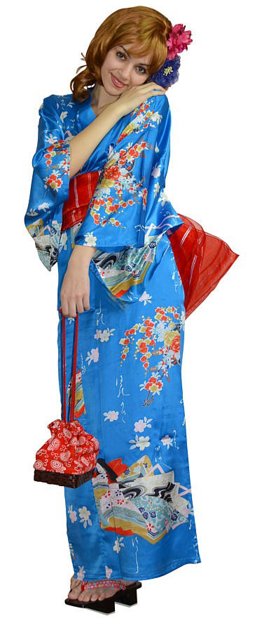 шелковое японское кимоно, пояс оби, деревянная японская обувь гэта